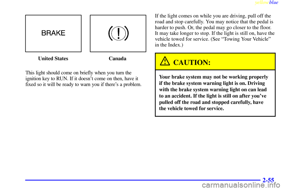 CHEVROLET EXPRESS CARGO VAN 2000 1.G Owners Manual yellowblue     
2-55
United States Canada
This light should come on briefly when you turn the
ignition key to RUN. If it doesnt come on then, have it
fixed so it will be ready to warn you if theres 