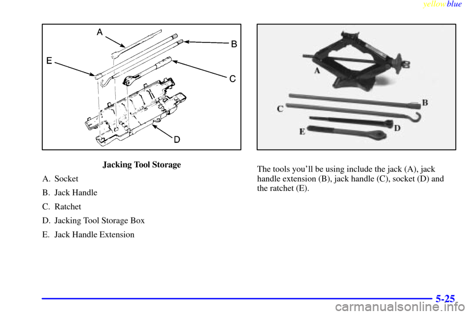 CHEVROLET EXPRESS CARGO VAN 2000 1.G Owners Manual yellowblue     
5-25
Jacking Tool Storage
A. Socket
B. Jack Handle
C. Ratchet
D. Jacking Tool Storage Box
E. Jack Handle ExtensionThe tools youll be using include the jack (A), jack
handle extension 