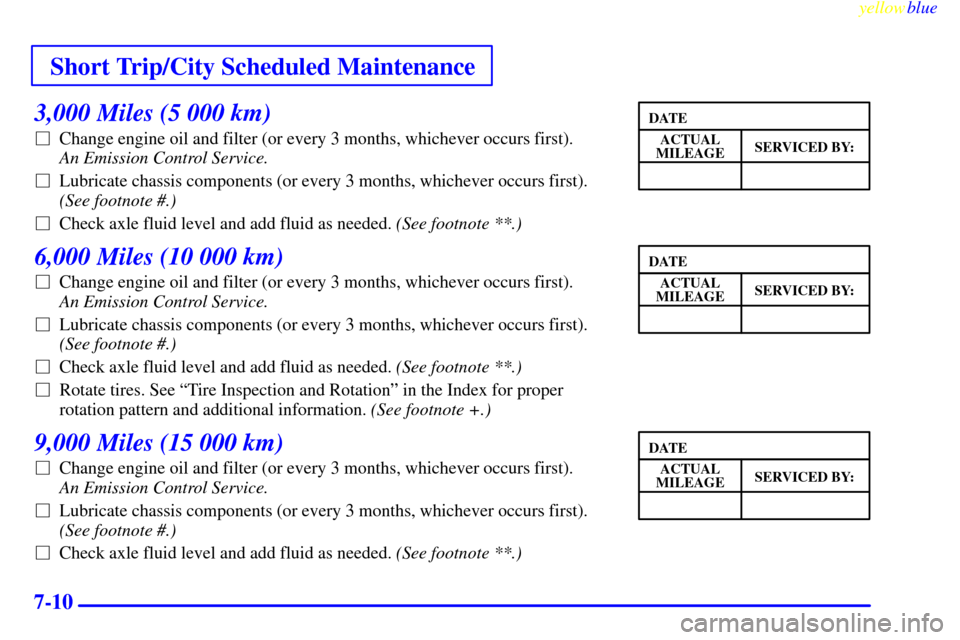 CHEVROLET EXPRESS CARGO VAN 2000 1.G Owners Manual Short Trip/City Scheduled Maintenance
yellowblue     
7-10
3,000 Miles (5 000 km)
Change engine oil and filter (or every 3 months, whichever occurs first). 
An Emission Control Service. 
Lubricate c