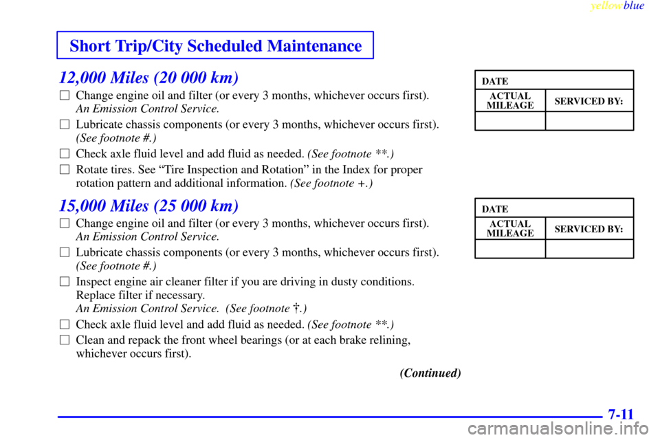CHEVROLET EXPRESS CARGO VAN 2000 1.G User Guide Short Trip/City Scheduled Maintenance
yellowblue     
7-11
12,000 Miles (20 000 km)
Change engine oil and filter (or every 3 months, whichever occurs first). 
An Emission Control Service. 
Lubricate