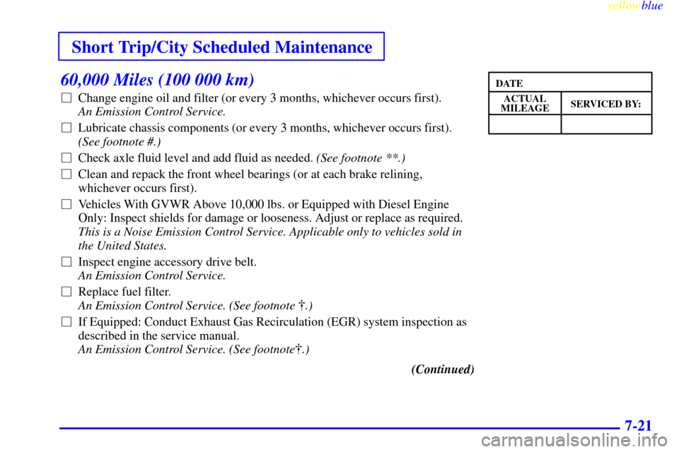 CHEVROLET EXPRESS CARGO VAN 2000 1.G User Guide Short Trip/City Scheduled Maintenance
yellowblue     
7-21
60,000 Miles (100 000 km)
Change engine oil and filter (or every 3 months, whichever occurs first). 
An Emission Control Service. 
Lubricat