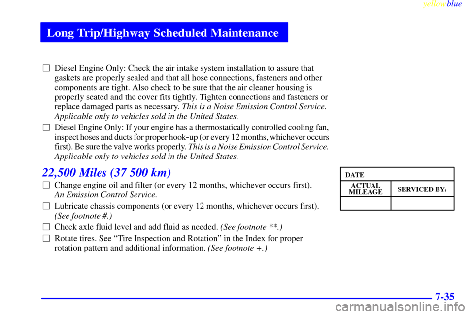 CHEVROLET EXPRESS CARGO VAN 2000 1.G Owners Manual Long Trip/Highway Scheduled Maintenance
yellowblue     
7-35
Diesel Engine Only: Check the air intake system installation to assure that
gaskets are properly sealed and that all hose connections, fas