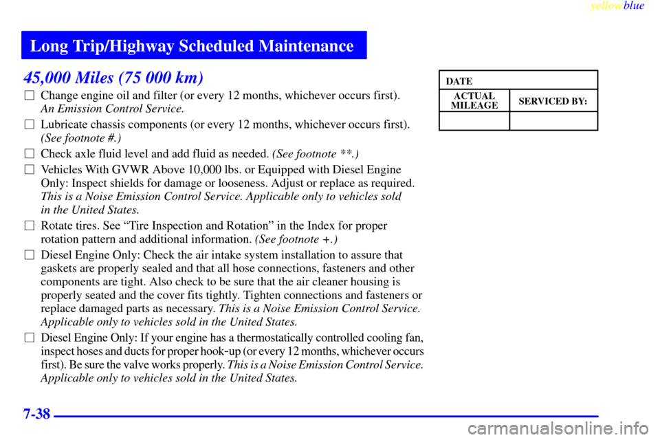 CHEVROLET EXPRESS CARGO VAN 2000 1.G Owners Manual Long Trip/Highway Scheduled Maintenance
yellowblue     
7-38
45,000 Miles (75 000 km)
Change engine oil and filter (or every 12 months, whichever occurs first). 
An Emission Control Service. 
Lubric