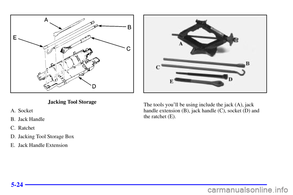 CHEVROLET EXPRESS CARGO VAN 2001 1.G Owners Manual 5-24
Jacking Tool Storage
A. Socket
B. Jack Handle
C. Ratchet
D. Jacking Tool Storage Box
E. Jack Handle ExtensionThe tools youll be using include the jack (A), jack
handle extension (B), jack handle