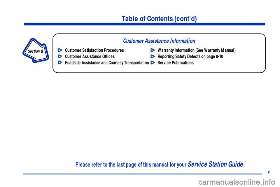 CHEVROLET EXPRESS CARGO VAN 2001 1.G Owners Manual v
Table of Contents (contd)
Customer Assistance Information
In the Index you will find an alphabetical listing of almost every subject in this manual. 
 You can use it to quickly find something you w