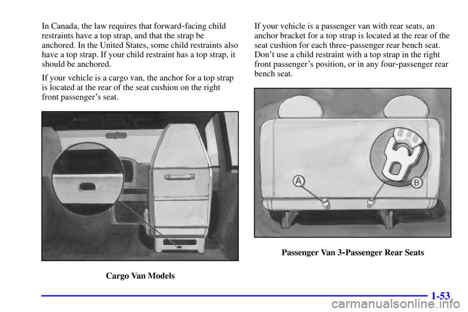 CHEVROLET EXPRESS CARGO VAN 2001 1.G Repair Manual 1-53
In Canada, the law requires that forward-facing child
restraints have a top strap, and that the strap be
anchored. In the United States, some child restraints also
have a top strap. If your child CHEVROLET EXPRESS CARGO VAN 2001 1.G Repair Manual 1-53
In Canada, the law requires that forward-facing child
restraints have a top strap, and that the strap be
anchored. In the United States, some child restraints also
have a top strap. If your child