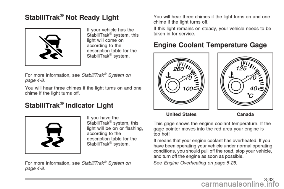 CHEVROLET EXPRESS PASSANGER 2005 1.G Owners Manual StabiliTrak®Not Ready Light
If your vehicle has the
StabiliTrak®system, this
light will come on
according to the
description table for the
StabiliTrak
®system.
For more information, seeStabiliTrak
CHEVROLET EXPRESS PASSANGER 2005 1.G Owners Manual StabiliTrak®Not Ready Light
If your vehicle has the
StabiliTrak®system, this
light will come on
according to the
description table for the
StabiliTrak
®system.
For more information, seeStabiliTrak