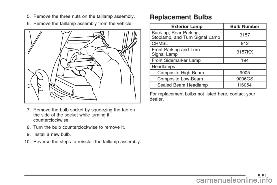 CHEVROLET EXPRESS PASSANGER 2005 1.G User Guide 5. Remove the three nuts on the taillamp assembly.
6. Remove the taillamp assembly from the vehicle.
7. Remove the bulb socket by squeezing the tab on
the side of the socket while turning it
countercl