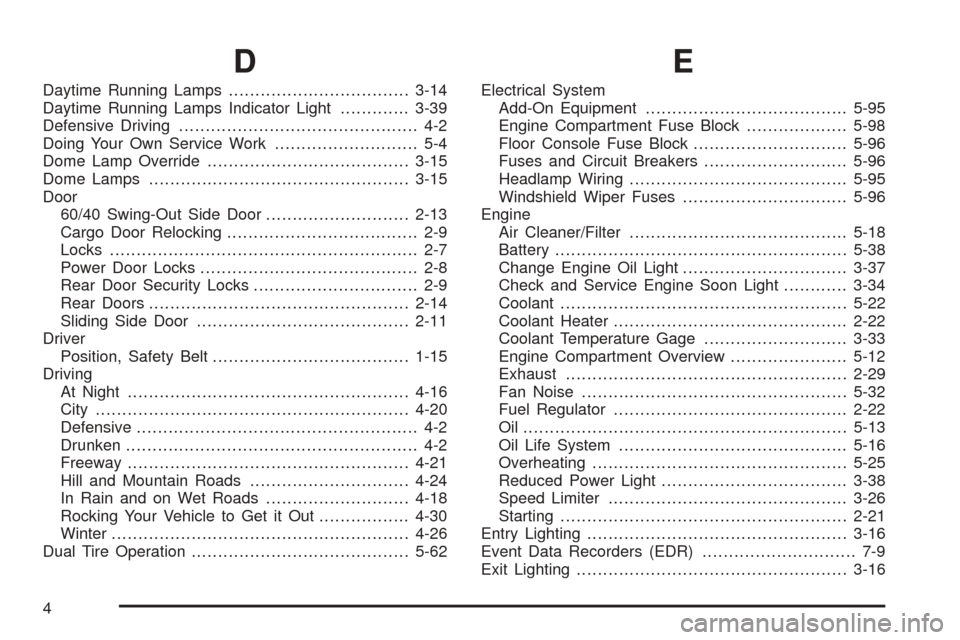 CHEVROLET EXPRESS PASSANGER 2005 1.G User Guide D
Daytime Running Lamps..................................3-14
Daytime Running Lamps Indicator Light.............3-39
Defensive Driving............................................. 4-2
Doing Your Own S
