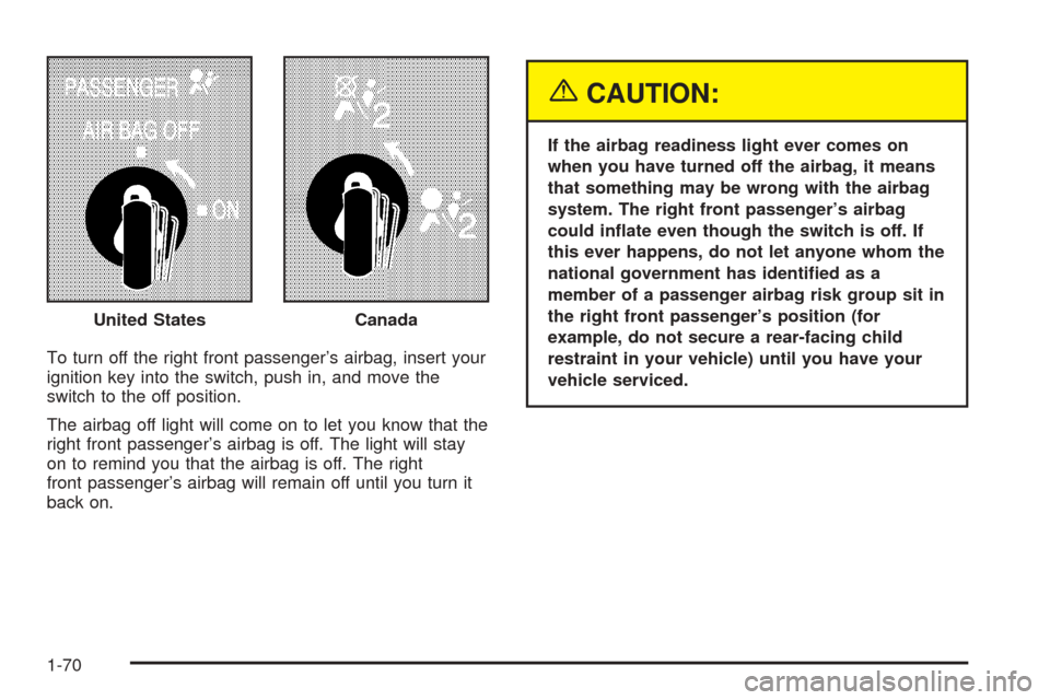 CHEVROLET EXPRESS PASSANGER 2005 1.G Manual PDF To turn off the right front passenger’s airbag, insert your
ignition key into the switch, push in, and move the
switch to the off position.
The airbag off light will come on to let you know that the