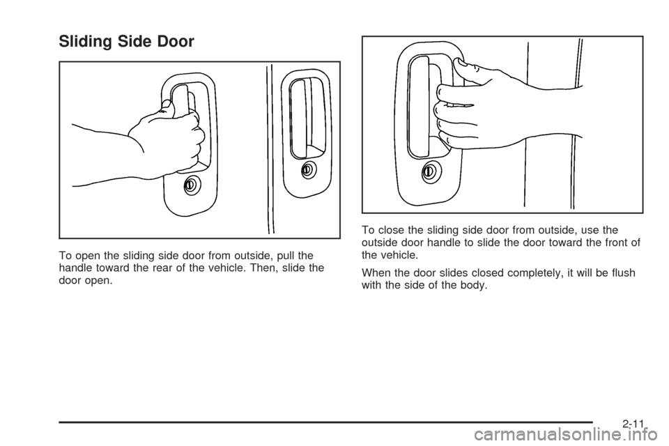 CHEVROLET EXPRESS PASSANGER 2005 1.G Owners Manual Sliding Side Door
To open the sliding side door from outside, pull the
handle toward the rear of the vehicle. Then, slide the
door open.To close the sliding side door from outside, use the
outside doo