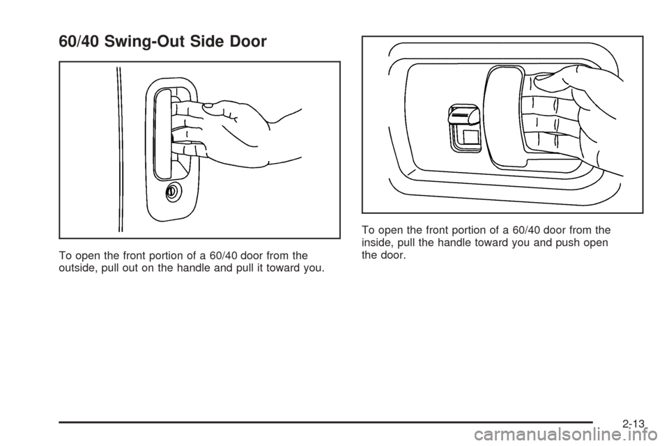 CHEVROLET EXPRESS PASSANGER 2005 1.G Owners Manual 60/40 Swing-Out Side Door
To open the front portion of a 60/40 door from the
outside, pull out on the handle and pull it toward you.To open the front portion of a 60/40 door from the
inside, pull the 