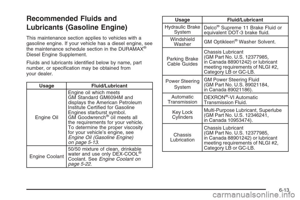 CHEVROLET EXPRESS PASSANGER 2006 1.G Owners Manual Recommended Fluids and
Lubricants (Gasoline Engine)
This maintenance section applies to vehicles with a
gasoline engine. If your vehicle has a diesel engine, see
the maintenance schedule section in th