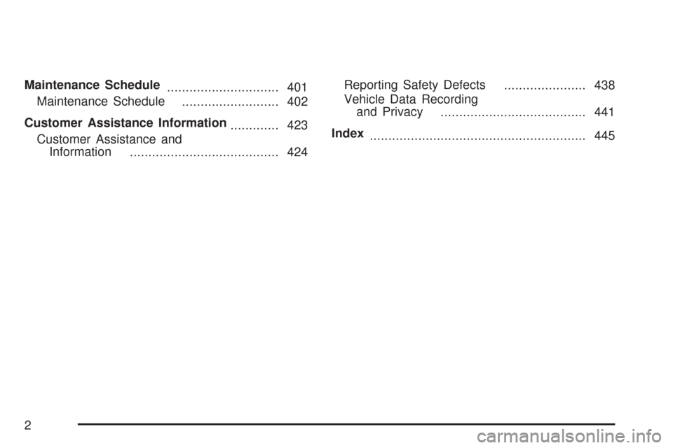 CHEVROLET EXPRESS PASSANGER 2007 1.G Owners Manual Maintenance Schedule
.............................. 401
Maintenance Schedule
.......................... 402
Customer Assistance Information
............. 423
Customer Assistance and
Information
......