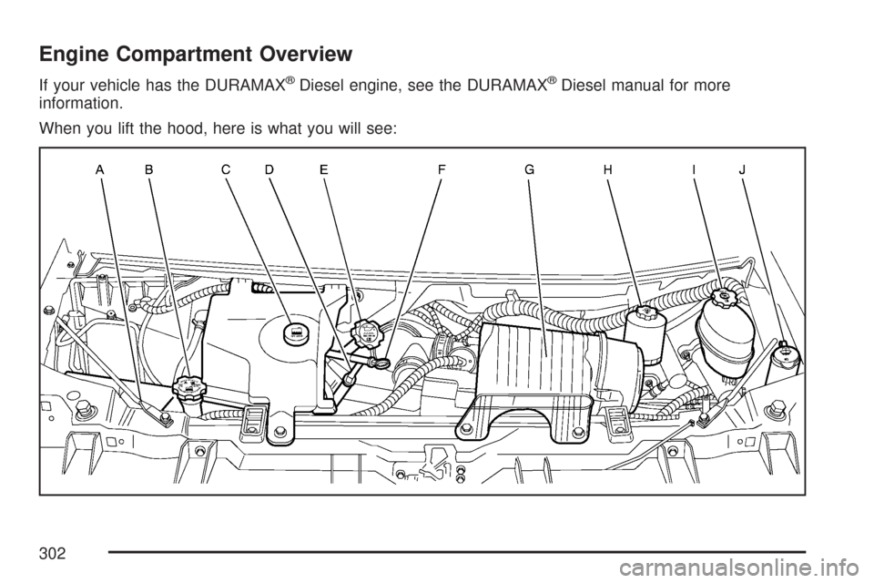 CHEVROLET EXPRESS PASSANGER 2007 1.G Owners Manual Engine Compartment Overview
If your vehicle has the DURAMAX®Diesel engine, see the DURAMAX®Diesel manual for more
information.
When you lift the hood, here is what you will see:
302 