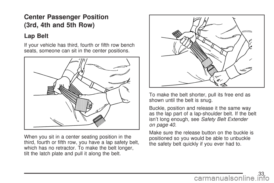 CHEVROLET EXPRESS PASSANGER 2007 1.G Owners Guide Center Passenger Position
(3rd, 4th and 5th Row)
Lap Belt
If your vehicle has third, fourth or ﬁfth row bench
seats, someone can sit in the center positions.
When you sit in a center seating positio