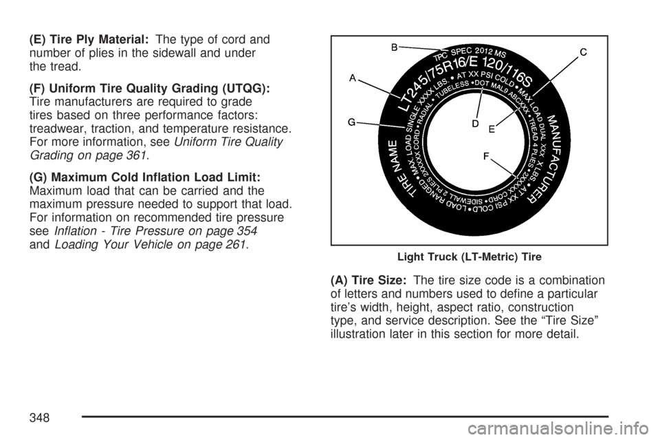 CHEVROLET EXPRESS PASSANGER 2007 1.G Owners Manual (E) Tire Ply Material:The type of cord and
number of plies in the sidewall and under
the tread.
(F) Uniform Tire Quality Grading (UTQG):
Tire manufacturers are required to grade
tires based on three p