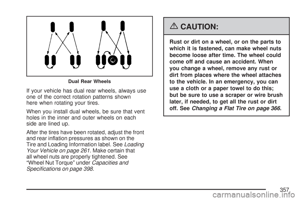 CHEVROLET EXPRESS PASSANGER 2007 1.G Owners Manual If your vehicle has dual rear wheels, always use
one of the correct rotation patterns shown
here when rotating your tires.
When you install dual wheels, be sure that vent
holes in the inner and outer 