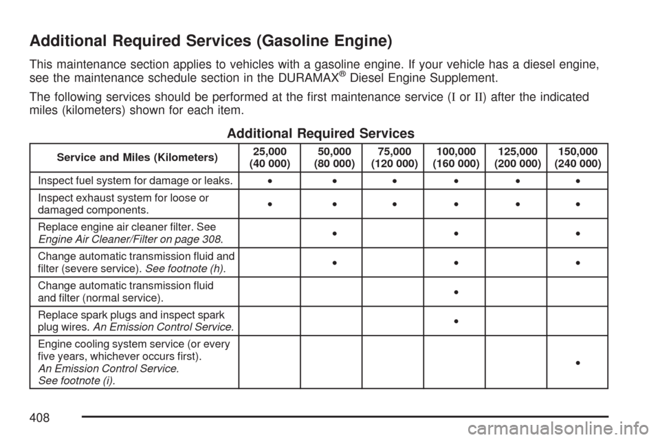CHEVROLET EXPRESS PASSANGER 2007 1.G Owners Manual Additional Required Services (Gasoline Engine)
This maintenance section applies to vehicles with a gasoline engine. If your vehicle has a diesel engine,
see the maintenance schedule section in the DUR CHEVROLET EXPRESS PASSANGER 2007 1.G Owners Manual Additional Required Services (Gasoline Engine)
This maintenance section applies to vehicles with a gasoline engine. If your vehicle has a diesel engine,
see the maintenance schedule section in the DUR