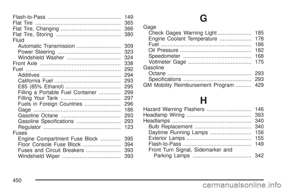 CHEVROLET EXPRESS PASSANGER 2007 1.G Owners Manual Flash-to-Pass.............................................. 149
Flat Tire...................................................... 365
Flat Tire, Changing...................................... 366
Flat T