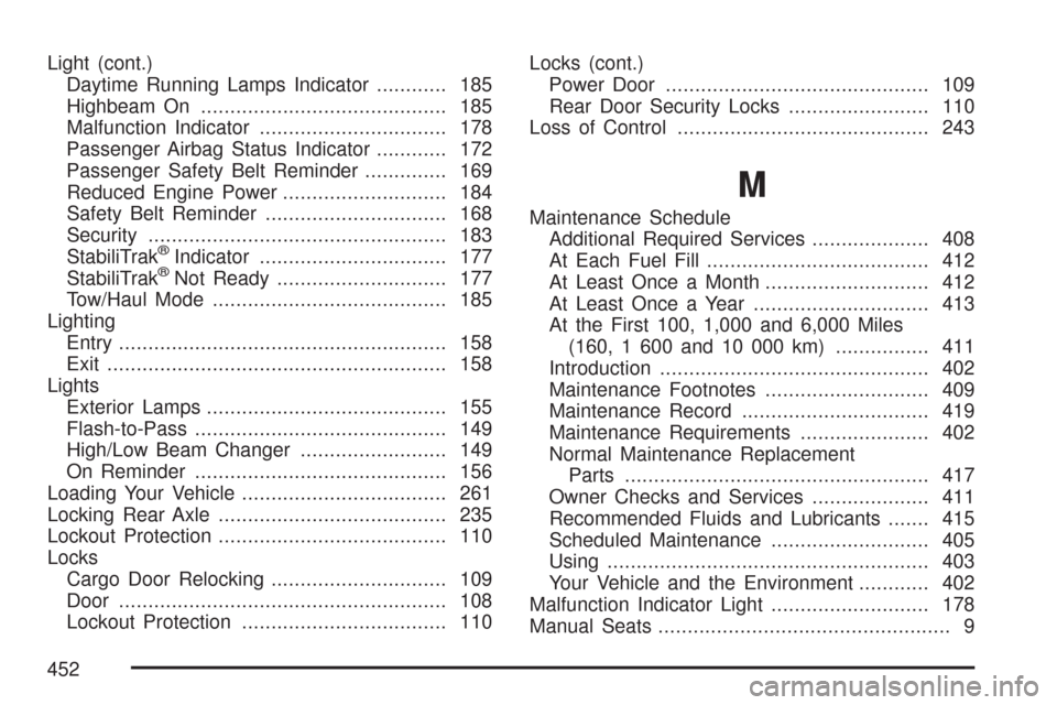 CHEVROLET EXPRESS PASSANGER 2007 1.G Owners Manual Light (cont.)
Daytime Running Lamps Indicator............ 185
Highbeam On.......................................... 185
Malfunction Indicator................................ 178
Passenger Airbag Statu