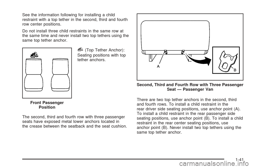 CHEVROLET EXPRESS PASSANGER 2008 1.G Service Manual See the information following for installing a child
restraint with a top tether in the second, third and fourth
row center positions.
Do not install three child restraints in the same row at
the same