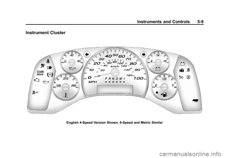 CHEVROLET EXPRESS PASSANGER 2013 1.G Owners Manual Black plate (9,1)Chevrolet Express Owner Manual - 2013 - 1stPrintReady - 6/19/12
Instruments and Controls 5-9
Instrument Cluster
English 4‐Speed Version Shown, 6‐Speed and Metric Similar CHEVROLET EXPRESS PASSANGER 2013 1.G Owners Manual Black plate (9,1)Chevrolet Express Owner Manual - 2013 - 1stPrintReady - 6/19/12
Instruments and Controls 5-9
Instrument Cluster
English 4‐Speed Version Shown, 6‐Speed and Metric Similar