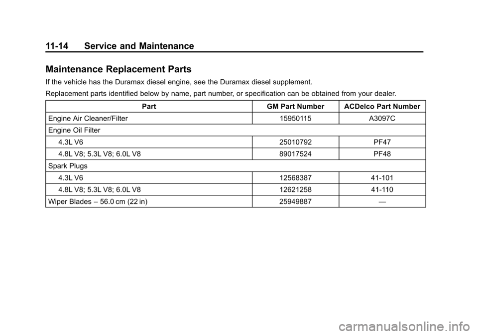 CHEVROLET EXPRESS PASSANGER 2013 1.G Owners Manual Black plate (14,1)Chevrolet Express Owner Manual - 2013 - 1stPrintReady - 6/19/12
11-14 Service and Maintenance
Maintenance Replacement Parts
If the vehicle has the Duramax diesel engine, see the Dura