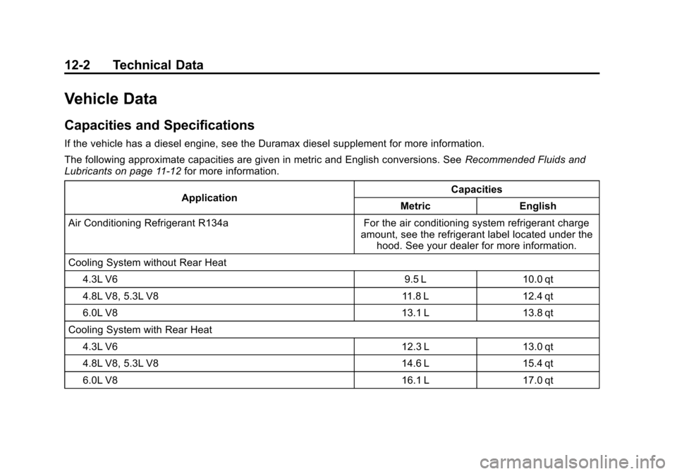 CHEVROLET EXPRESS PASSANGER 2013 1.G Owners Manual Black plate (2,1)Chevrolet Express Owner Manual - 2013 - 1stPrintReady - 6/19/12
12-2 Technical Data
Vehicle Data
Capacities and Specifications
If the vehicle has a diesel engine, see the Duramax dies