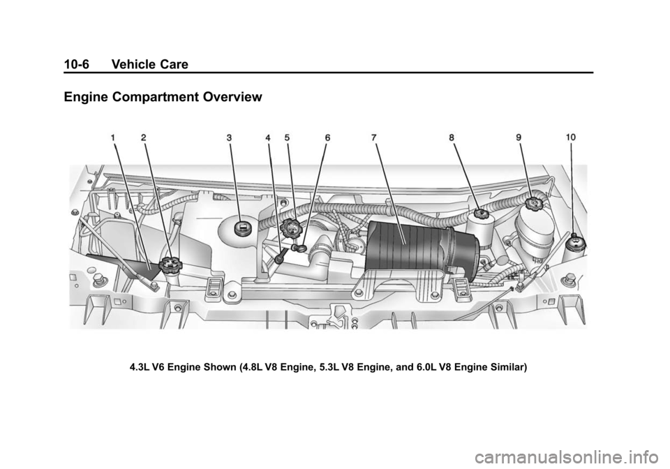 CHEVROLET EXPRESS PASSANGER 2014 1.G Owners Manual Black plate (6,1)Chevrolet Express Owner Manual (GMNA-Localizing-U.S./Canada/Mexico-
6014662) - 2014 - crc - 8/26/13
10-6 Vehicle Care
Engine Compartment Overview
4.3L V6 Engine Shown (4.8L V8 Engine, CHEVROLET EXPRESS PASSANGER 2014 1.G Owners Manual Black plate (6,1)Chevrolet Express Owner Manual (GMNA-Localizing-U.S./Canada/Mexico-
6014662) - 2014 - crc - 8/26/13
10-6 Vehicle Care
Engine Compartment Overview
4.3L V6 Engine Shown (4.8L V8 Engine,