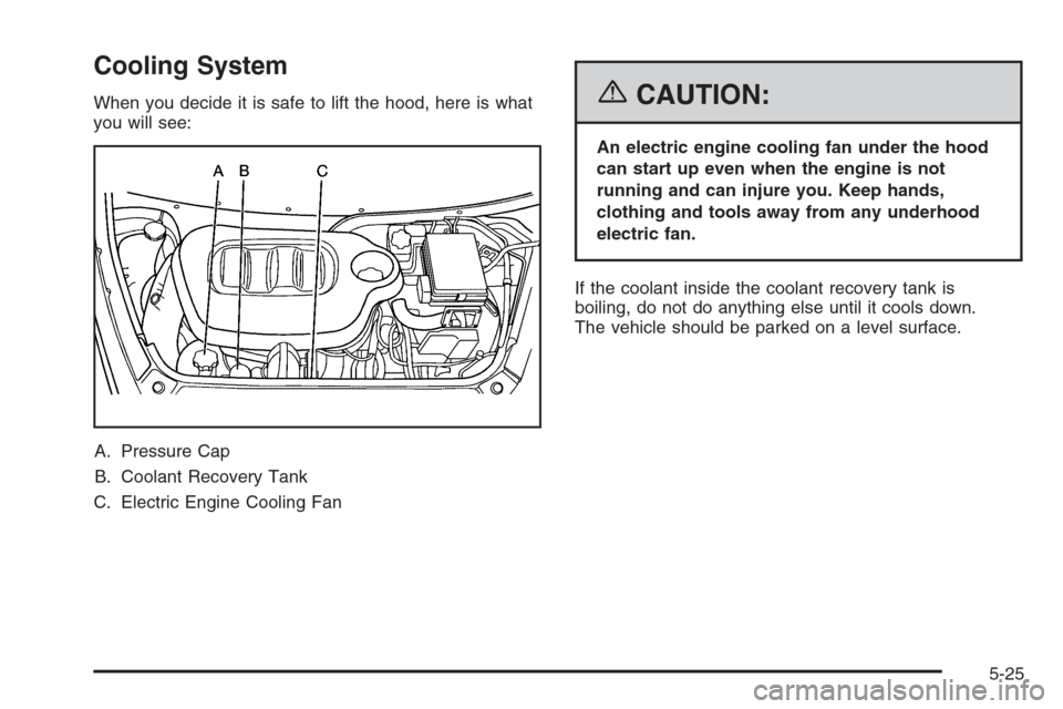 CHEVROLET HHR 2006 1.G Owners Manual Cooling System
When you decide it is safe to lift the hood, here is what
you will see:
A. Pressure Cap
B. Coolant Recovery Tank
C. Electric Engine Cooling Fan{CAUTION:
An electric engine cooling fan u