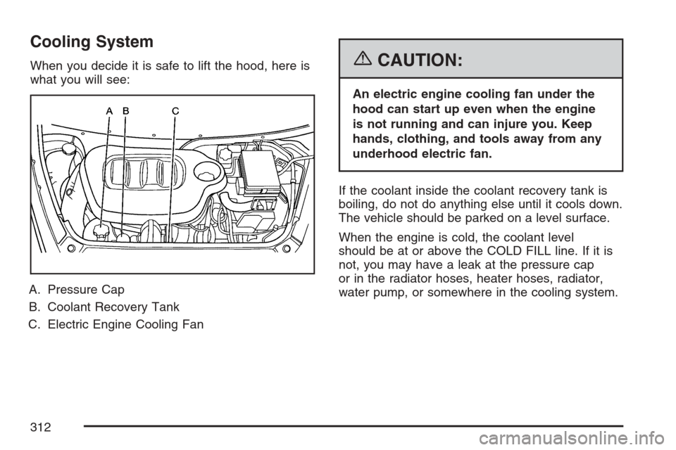 CHEVROLET HHR 2007 1.G Owners Manual Cooling System
When you decide it is safe to lift the hood, here is
what you will see:
A. Pressure Cap
B. Coolant Recovery Tank
C. Electric Engine Cooling Fan{CAUTION:
An electric engine cooling fan u CHEVROLET HHR 2007 1.G Owners Manual Cooling System
When you decide it is safe to lift the hood, here is
what you will see:
A. Pressure Cap
B. Coolant Recovery Tank
C. Electric Engine Cooling Fan{CAUTION:
An electric engine cooling fan u