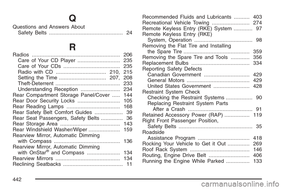 CHEVROLET HHR 2007 1.G Owners Manual Q
Questions and Answers About
Safety Belts............................................... 24
R
Radios........................................................ 206
Care of Your CD Player................