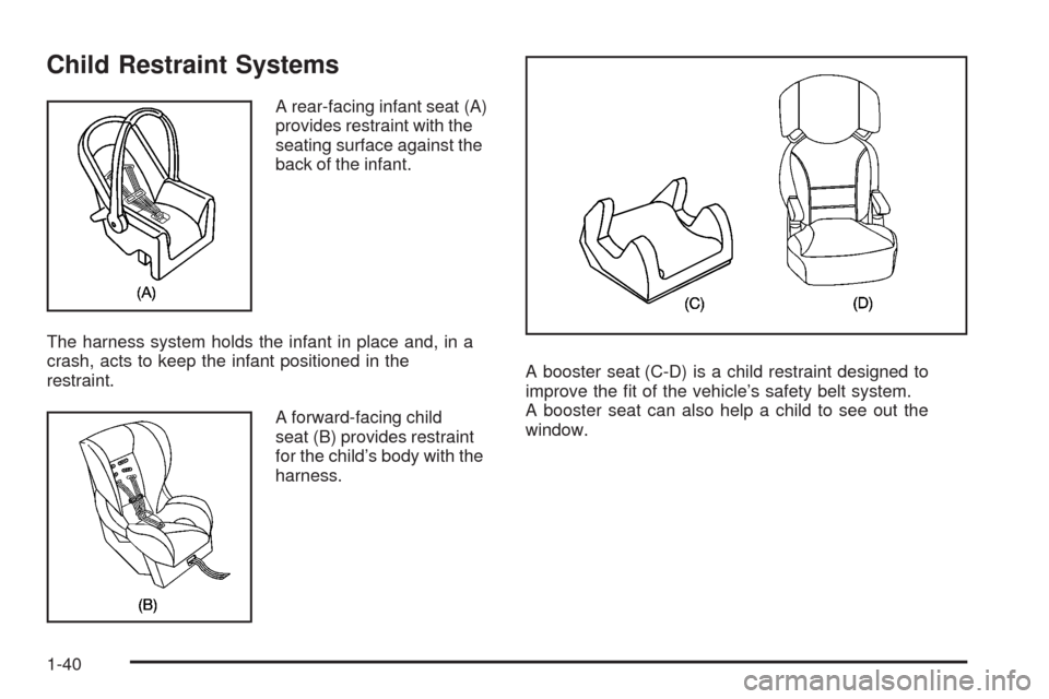 CHEVROLET HHR 2008 1.G Service Manual Child Restraint Systems
A rear-facing infant seat (A)
provides restraint with the
seating surface against the
back of the infant.
The harness system holds the infant in place and, in a
crash, acts to 
