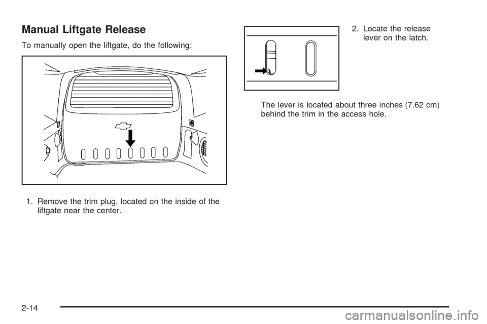 CHEVROLET HHR 2009 1.G Owners Manual Manual Liftgate Release
To manually open the liftgate, do the following:
1. Remove the trim plug, located on the inside of the
liftgate near the center.2. Locate the release
lever on the latch.
The le