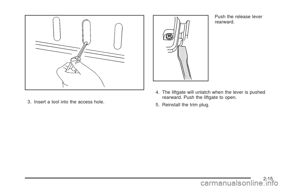 CHEVROLET HHR 2009 1.G Owners Manual 3. Insert a tool into the access hole.Push the release lever
rearward.
4. The liftgate will unlatch when the lever is pushed
rearward. Push the liftgate to open.
5. Reinstall the trim plug.
2-15 