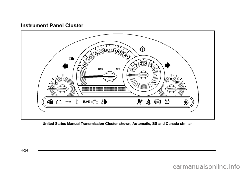 CHEVROLET HHR 2010 1.G Owners Manual Instrument Panel Cluster
United States Manual Transmission Cluster shown, Automatic, SS and Canada similar
4-24 CHEVROLET HHR 2010 1.G Owners Manual Instrument Panel Cluster
United States Manual Transmission Cluster shown, Automatic, SS and Canada similar
4-24