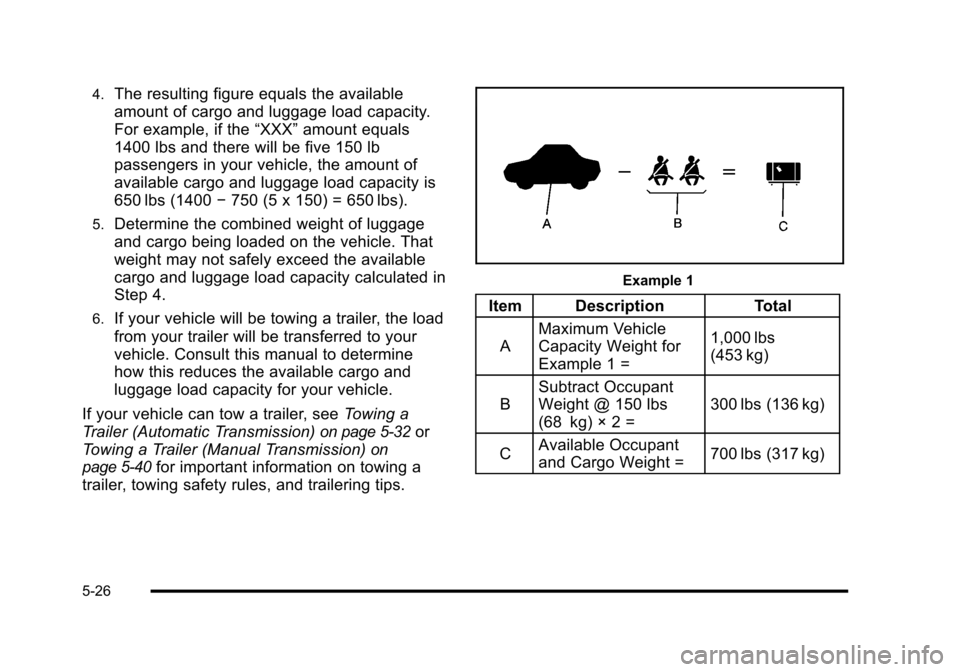 CHEVROLET HHR 2010 1.G Owners Manual 4.The resulting figure equals the available
amount of cargo and luggage load capacity.
For example, if the“XXX”amount equals
1400 lbs and there will be five 150 lb
passengers in your vehicle, the CHEVROLET HHR 2010 1.G Owners Manual 4.The resulting figure equals the available
amount of cargo and luggage load capacity.
For example, if the“XXX”amount equals
1400 lbs and there will be five 150 lb
passengers in your vehicle, the