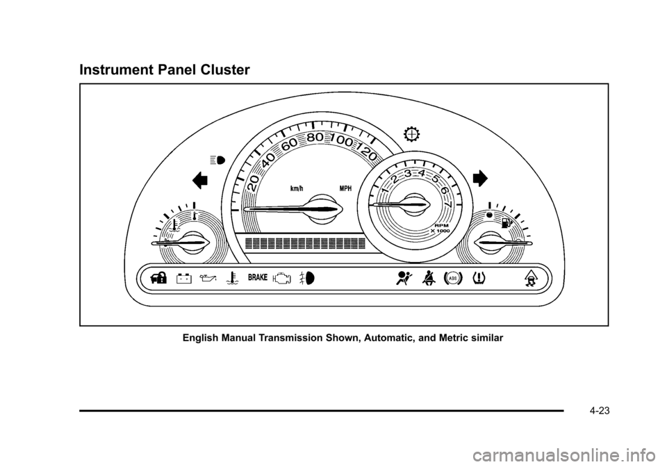 CHEVROLET HHR 2011 1.G Owners Manual Black plate (23,1)Chevrolet HHR Owner Manual - 2011
Instrument Panel Cluster
English Manual Transmission Shown, Automatic, and Metric similar
4-23 CHEVROLET HHR 2011 1.G Owners Manual Black plate (23,1)Chevrolet HHR Owner Manual - 2011
Instrument Panel Cluster
English Manual Transmission Shown, Automatic, and Metric similar
4-23