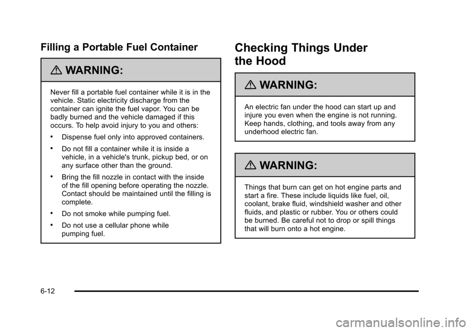 CHEVROLET HHR 2011 1.G Owners Manual Black plate (12,1)Chevrolet HHR Owner Manual - 2011
Filling a Portable Fuel Container
{WARNING:
Never fill a portable fuel container while it is in the
vehicle. Static electricity discharge from the
c