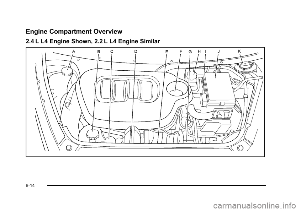 CHEVROLET HHR 2011 1.G Owners Manual Black plate (14,1)Chevrolet HHR Owner Manual - 2011
Engine Compartment Overview
2.4 L L4 Engine Shown, 2.2 L L4 Engine Similar
6-14 CHEVROLET HHR 2011 1.G Owners Manual Black plate (14,1)Chevrolet HHR Owner Manual - 2011
Engine Compartment Overview
2.4 L L4 Engine Shown, 2.2 L L4 Engine Similar
6-14