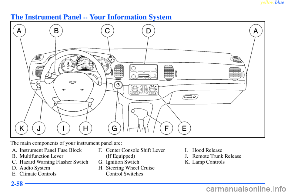 CHEVROLET IMPALA 2000 8.G Owners Manual yellowblue
2-58
The Instrument Panel -- Your Information System
The main components of your instrument panel are:
A. Instrument Panel Fuse Block
B. Multifunction Lever
C. Hazard Warning Flasher S CHEVROLET IMPALA 2000 8.G Owners Manual yellowblue
2-58
The Instrument Panel -- Your Information System
The main components of your instrument panel are:
A. Instrument Panel Fuse Block
B. Multifunction Lever
C. Hazard Warning Flasher S