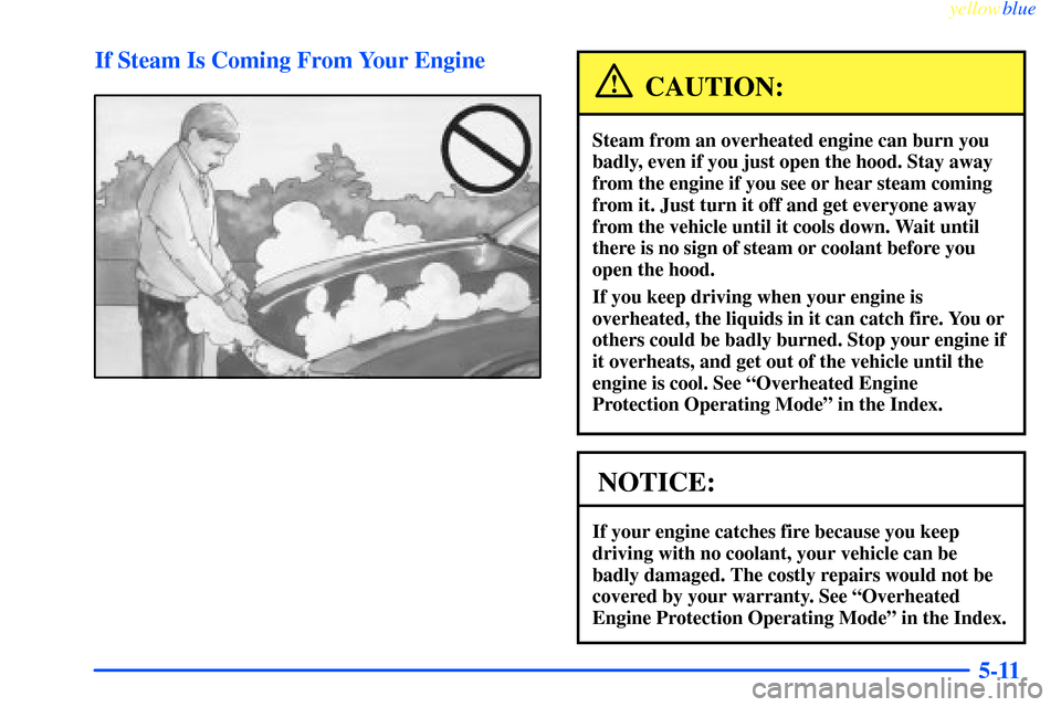 CHEVROLET IMPALA 2000 8.G Owners Manual yellowblue     
5-11 If Steam Is Coming From Your Engine
CAUTION:
Steam from an overheated engine can burn you
badly, even if you just open the hood. Stay away
from the engine if you see or hear steam