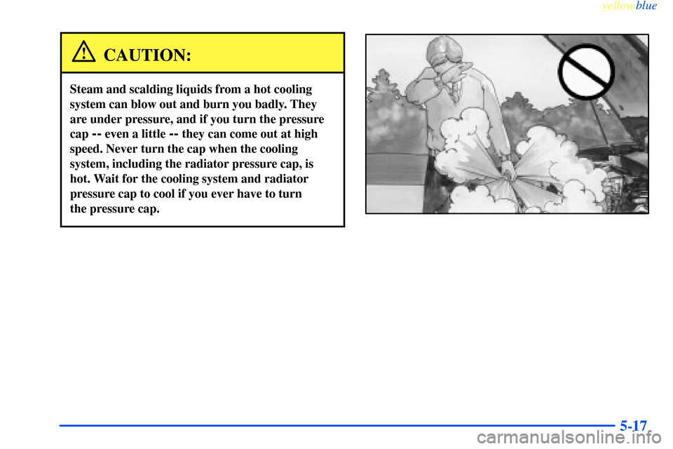 CHEVROLET IMPALA 2000 8.G Owners Manual yellowblue     
5-17
CAUTION:
Steam and scalding liquids from a hot cooling
system can blow out and burn you badly. They
are under pressure, and if you turn the pressure
cap 
-- even a little -- they 