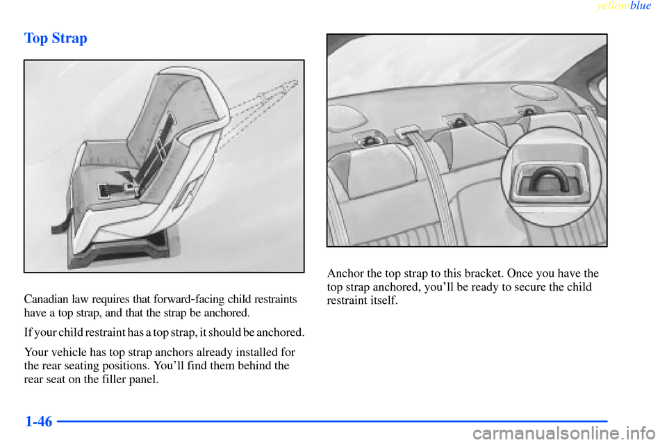CHEVROLET IMPALA 2000 8.G Workshop Manual yellowblue     
1-46 Top Strap
Canadian law requires that forward-facing child restraints
have a top strap, and that the strap be anchored.
If your child restraint has a top strap, it should be anchor