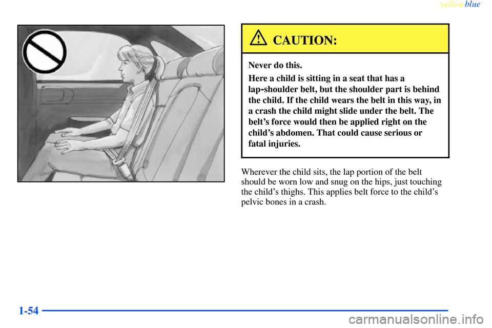 CHEVROLET IMPALA 2000 8.G Repair Manual yellowblue     
1-54
CAUTION:
Never do this.
Here a child is sitting in a seat that has a
lap
-shoulder belt, but the shoulder part is behind
the child. If the child wears the belt in this way, in
a c
