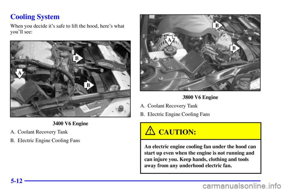 CHEVROLET IMPALA 2001 8.G Owners Manual 5-12
Cooling System
When you decide its safe to lift the hood, heres what
youll see:
3400 V6 Engine
A. Coolant Recovery Tank
B. Electric Engine Cooling Fans
3800 V6 Engine
A. Coolant Recovery Tank
