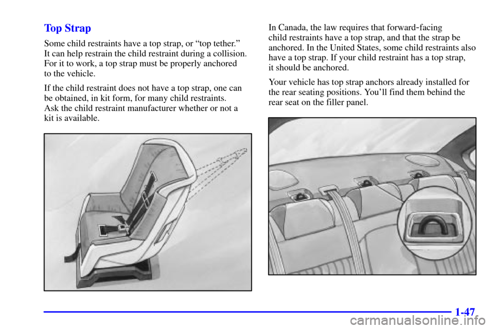 CHEVROLET IMPALA 2001 8.G Workshop Manual 1-47 Top Strap
Some child restraints have a top strap, or ªtop tether.º 
It can help restrain the child restraint during a collision.
For it to work, a top strap must be properly anchored 
to the ve