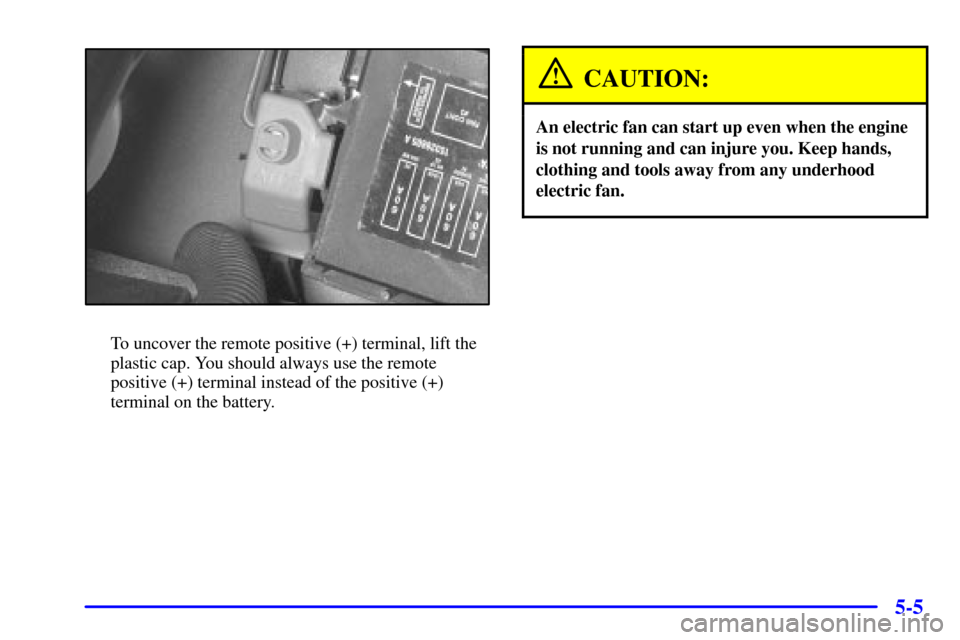 CHEVROLET IMPALA 2002 8.G Owners Manual 5-5
To uncover the remote positive (+) terminal, lift the
plastic cap. You should always use the remote
positive (+) terminal instead of the positive (+)
terminal on the battery.
CAUTION:
An electric 