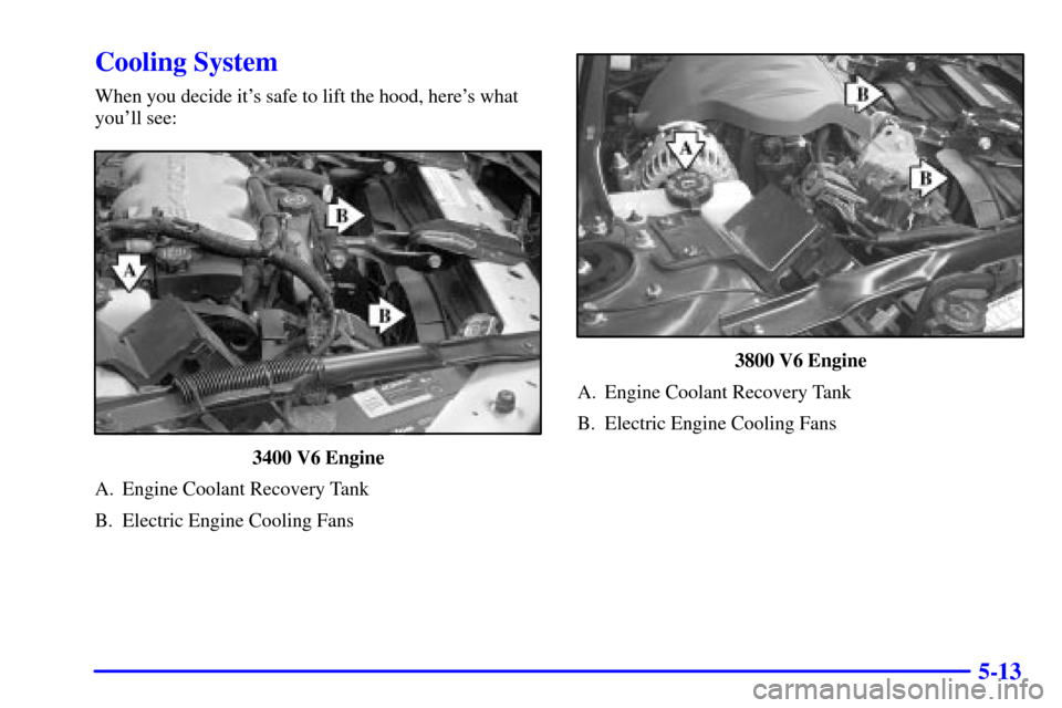 CHEVROLET IMPALA 2002 8.G Owners Manual 5-13
Cooling System
When you decide its safe to lift the hood, heres what
youll see:
3400 V6 Engine
A. Engine Coolant Recovery Tank
B. Electric Engine Cooling Fans
3800 V6 Engine
A. Engine Coolant 
